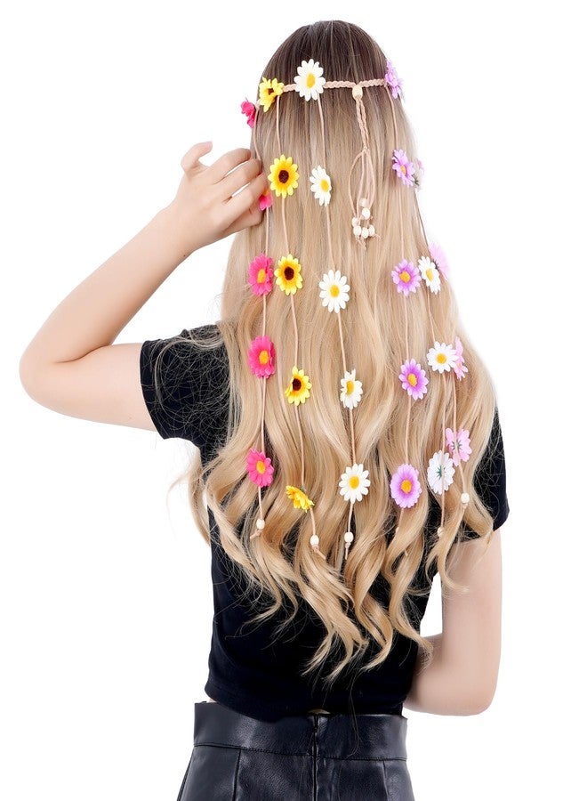 Sucrain 2pcs Flower Hippie Headband Floral Crown Summer Sunflower Hair Accessories for 70s Bohemian Costumes Style for Women (White+Colorful) - Image 5
